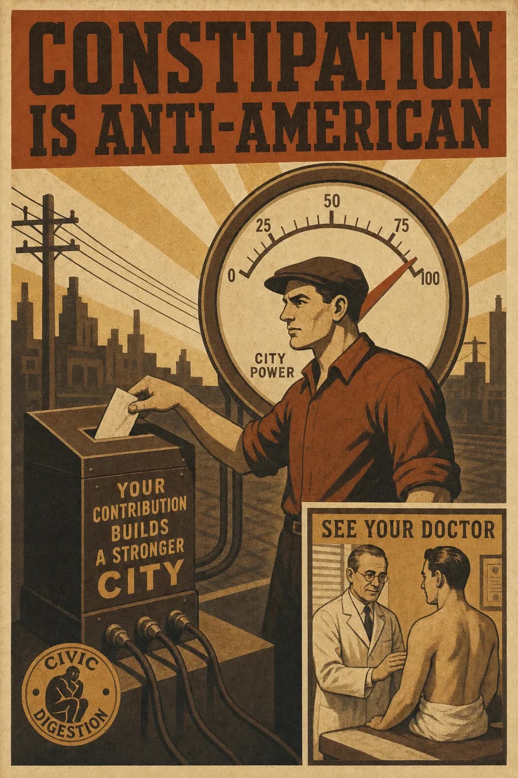A participation-drive poster of a determined citizen doing their part at a municipal contribution station wired to the city grid, a rising power gauge behind and a small inset of a physician's examination room reading SEE YOUR DOCTOR, captioned CONSTIPATION IS ANTI-AMERICAN.