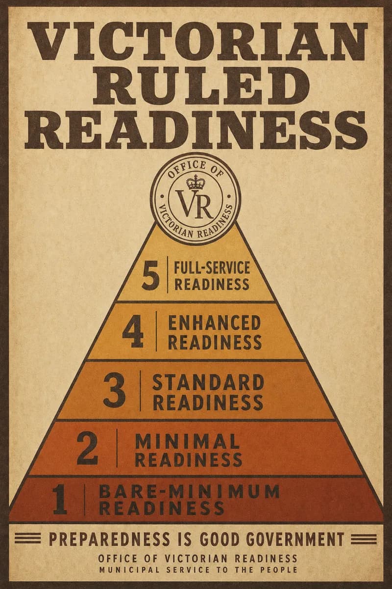 A ruled pyramid diagram of five labeled readiness tiers with a small seal at the top.