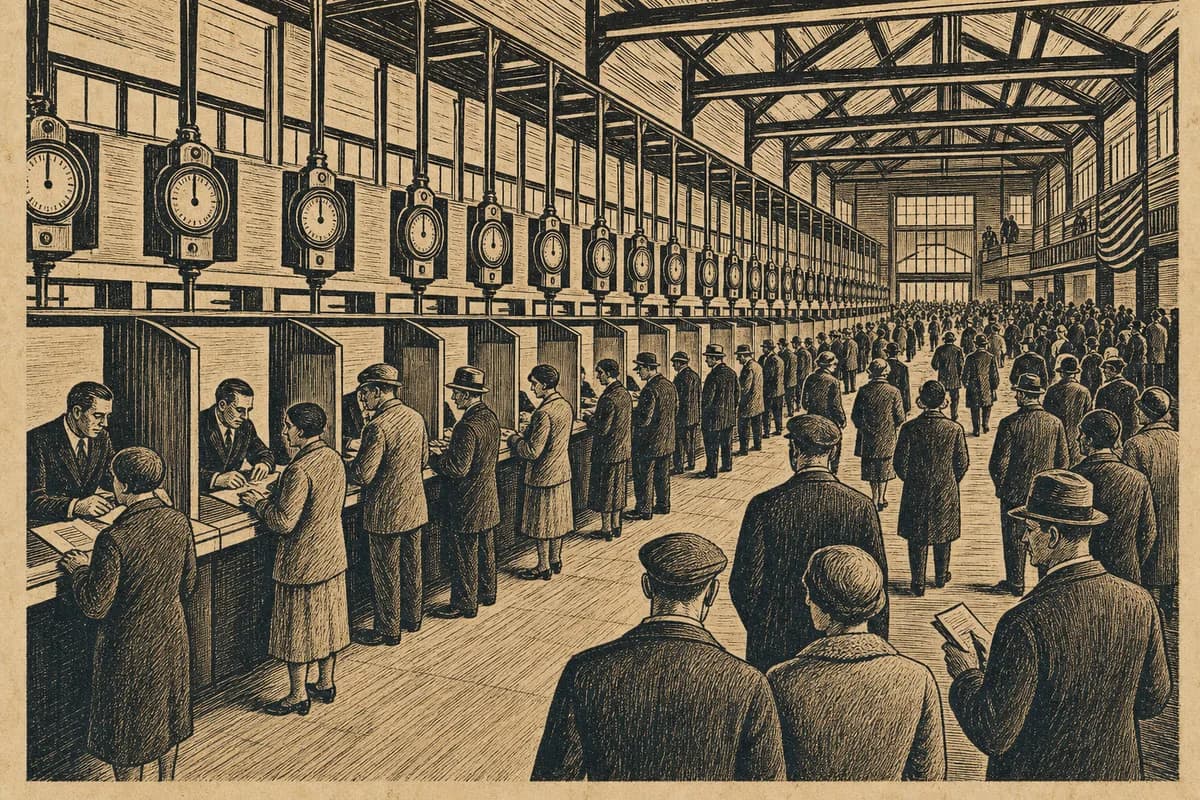 A woodcut of a large civic hall with rows of numbered stalls and hanging meters, people filing between them.