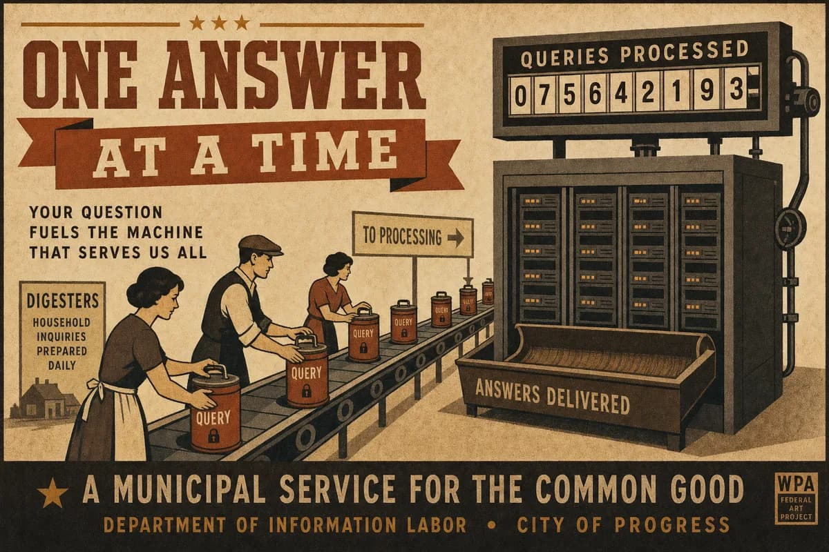 A Victorian scientific rendering of a server cabinet drawn as a feeding trough at the end of a long conveyor, small figures at digesters loading the belt with sealed canisters, a query counter above the cabinet, a banner reading ONE ANSWER AT A TIME