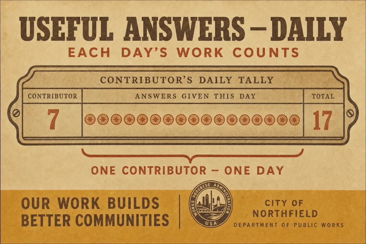 A ruled tally of about seventeen identical answer tokens in a row, bracketed and labeled one contributor, one day.