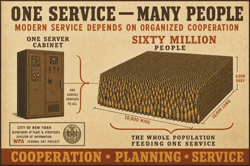 One server cabinet linked to a large bracketed block of tiny figures labeled sixty million.