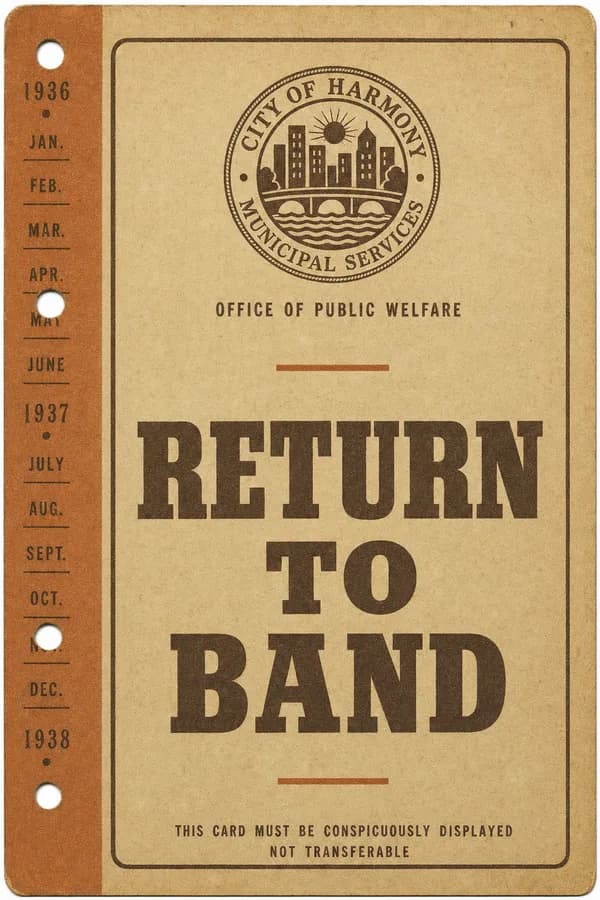 A municipal placard with an official seal, the words RETURN TO BAND, and a punched date margin.