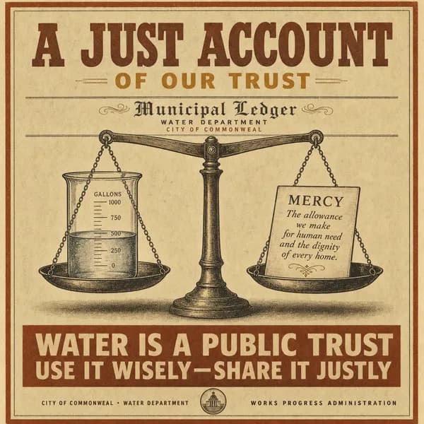An engraving of a balance weighing expended water against an intangible token of mercy, headed like an old ledger, no coins shown.