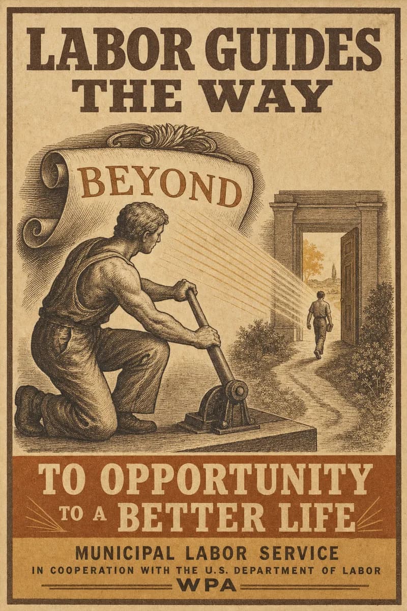An engraving of a figure at a lever beneath a scroll marked BEYOND, a second untroubled figure entering a distant doorway, faint rays between them.