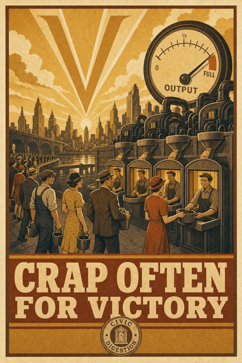 A wartime output-drive poster of a cheerful orderly rank of citizens filing toward municipal contribution stalls that feed a bank of generators, a lit city skyline and a climbing output gauge beyond and a large letter V in the sky, captioned CRAP OFTEN FOR VICTORY.