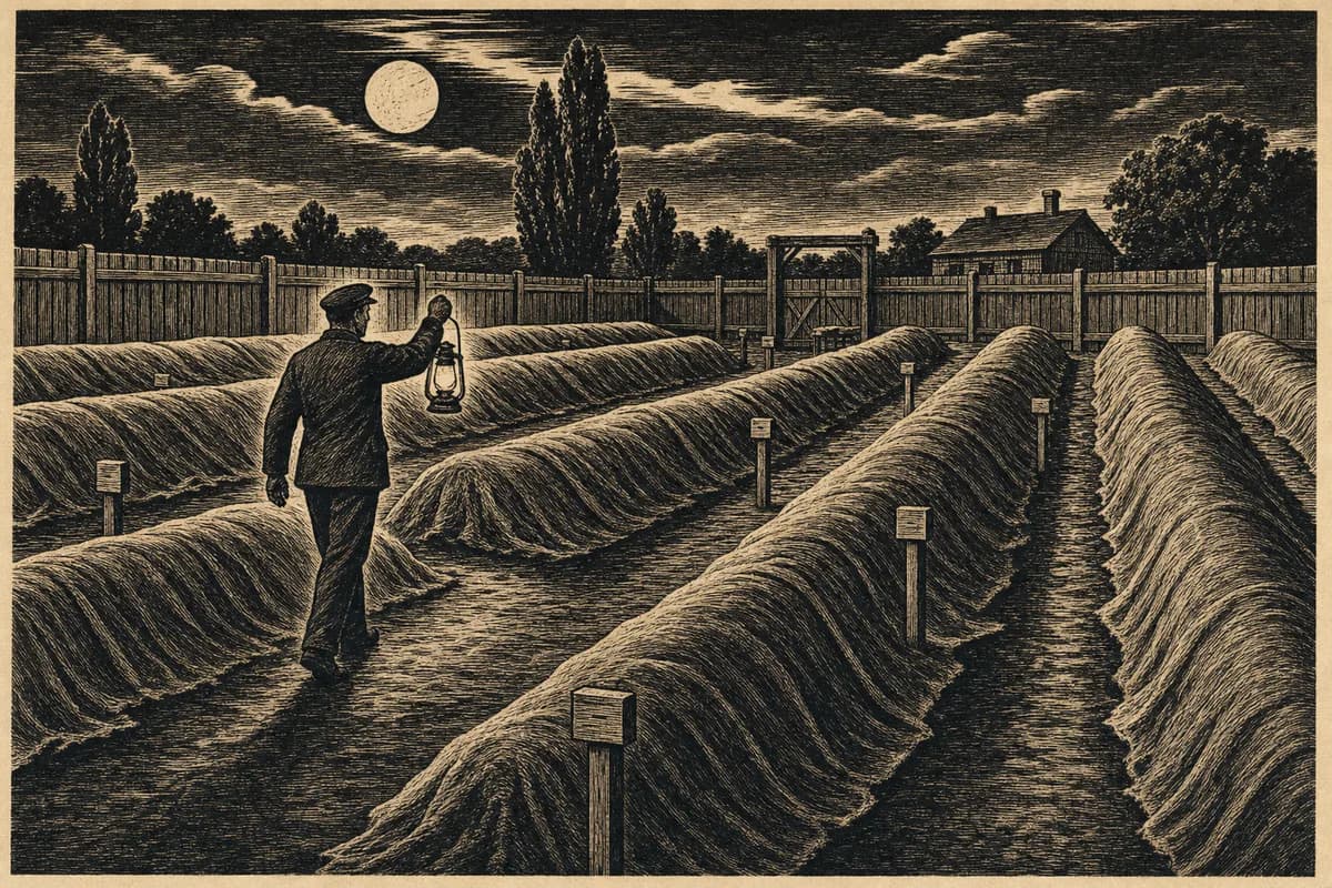 A woodcut of a fenced yard of long covered mounds under moonlight, a watchman walking between rows with a raised lantern.