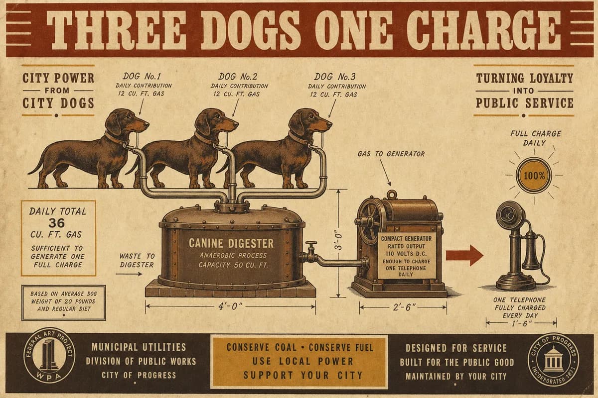 A Victorian scientific cutaway of three dignified dachshunds in a row feeding a single small digester tank, an arrow running through a compact generator to one telephone showing a full charge, hand-labeled callouts, under a banner reading THREE DOGS ONE CHARGE