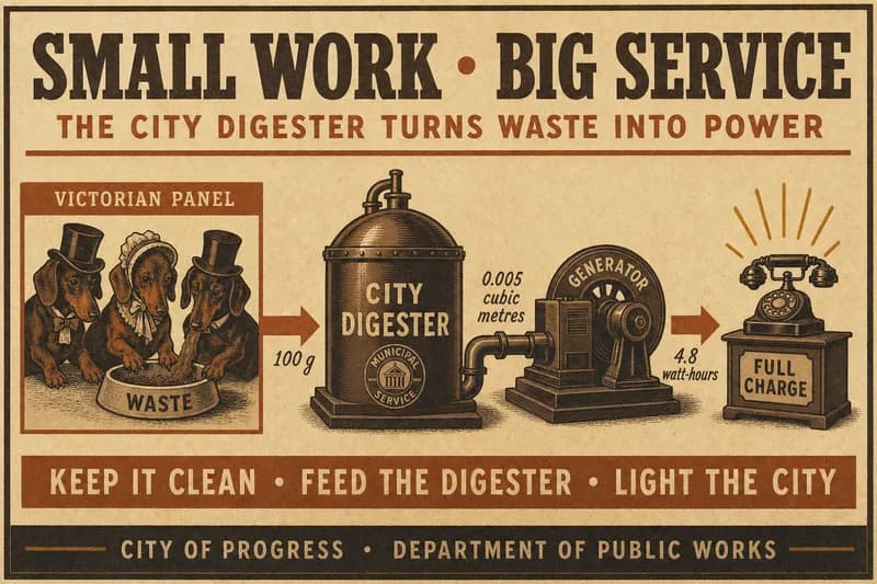 A labeled panel showing three small dogs feeding a digester that charges one phone through a generator.