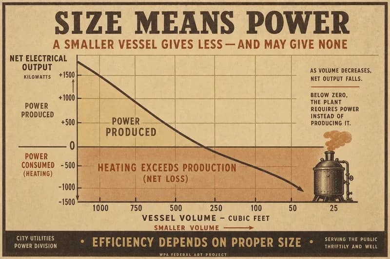 A chart of net output declining to and past zero as digester volume decreases, with a shaded failure region.