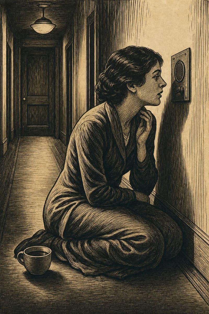 A woodcut of a woman seated on a hallway floor at night, talking to a small wall panel, a teacup beside her.
