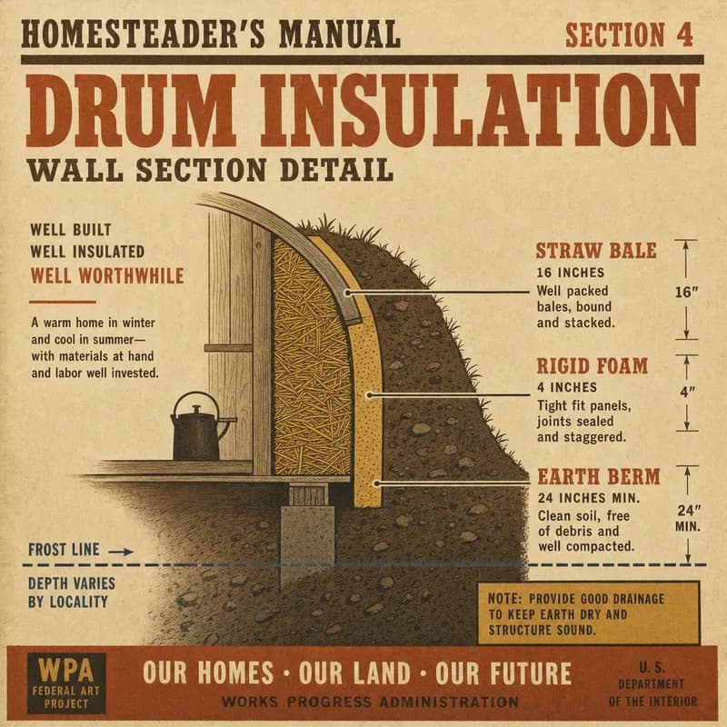 A cross-section of a drum wrapped in labeled insulation layers with a frost line drawn beneath.