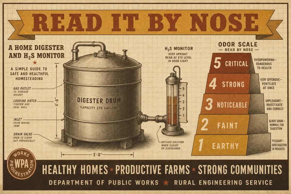 A vintage homesteading-manual chart ranking a digester's smells on a rising ladder from earthy to critical, a drum and a small gas monitor beside it, titled READ IT BY NOSE, in cream, brown, and ochre tones.