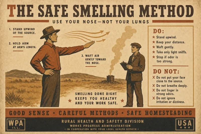 An instructional panel showing a person standing upwind at arm's length wafting air toward the nose with a gas monitor clipped nearby.