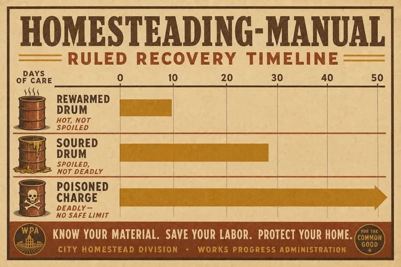 A recovery timeline with three bars — short for a rewarmed drum, longer for a soured drum, open-ended for a poisoned charge — each labeled.