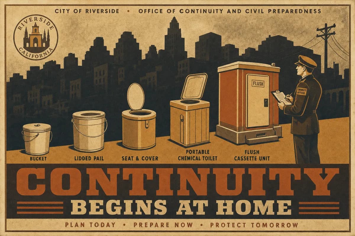 A row of portable toilets arranged from a plain lidded bucket up to a boxy flush cassette unit, a clipboard-carrying inspector reviewing the line before a darkened city skyline, beneath the words CONTINUITY BEGINS AT HOME.