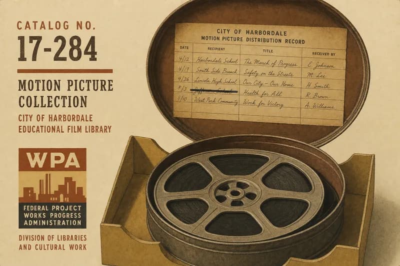 An open film can on a cradle, a ruled paper ledger pasted inside the lid with a line blacked out, a film reel below.