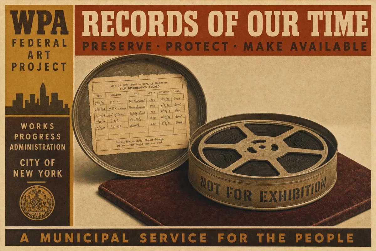 A round film can lettered for the Department of Digestive Security on a cream museum mount, its lid off to reveal a film reel on its core, lit from the side.