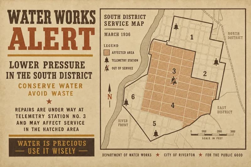 A district street map with a hatched region marking an outage area and small station symbols, one crossed out.