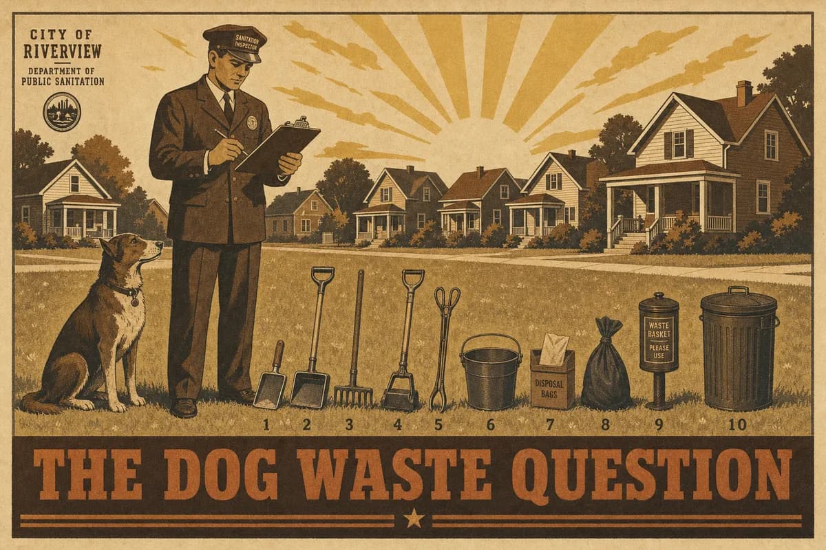 A 1930s-style poster of a uniformed sanitation inspector standing on a suburban lawn beside a seated dog at dawn, ten waste-removal implements arranged in a row on the grass before him, clipboard in hand, captioned THE DOG WASTE QUESTION.