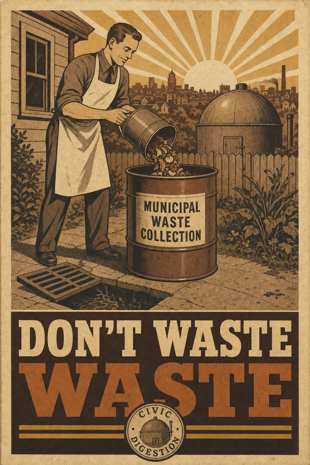 A home-front salvage poster of a thrifty citizen in an apron carefully emptying a household pail into a labeled municipal collection drum while an open sewer grate at their feet goes ignored, a backyard digester and a lit town in the distance, captioned DON'T WASTE WASTE.