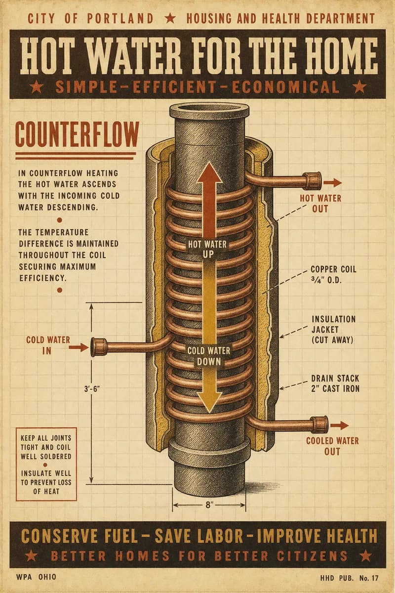 A sectional diagram of a vertical drain pipe wrapped in copper coil with counterflow arrows and a cutaway insulation jacket.