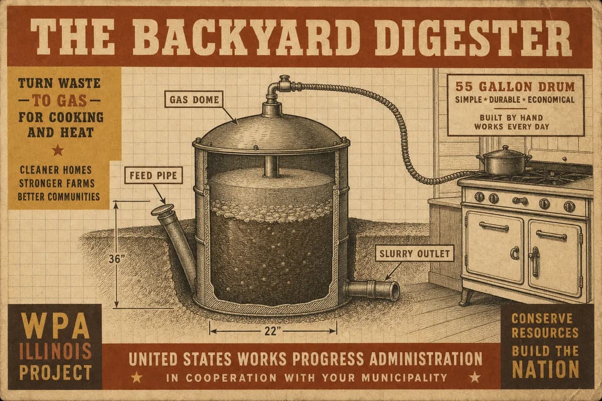 A vintage instructional diagram of a backyard biogas digester built from a 55-gallon drum, shown in labeled cutaway with feed pipe, gas dome, and slurry outlet, its gas line running to a kitchen stove, titled THE BACKYARD DIGESTER.