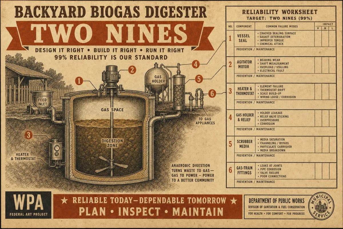 A Victorian engineering-textbook cutaway of a backyard anaerobic digester tagged with hand-numbered failure points — vessel seal, agitator motor, heater, gas holder, scrubber, and fittings — each connected by a dimension line to a ruled reliability table, with a banner reading TWO NINES