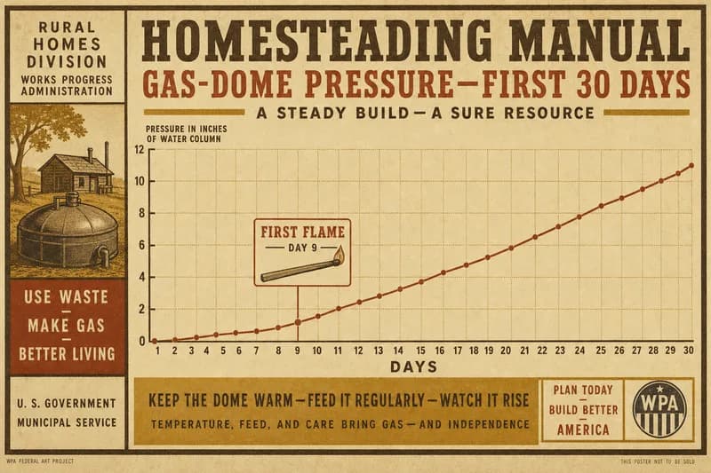 A chart of pressure rising slowly over thirty days with an annotation and a small match drawn at day nine.