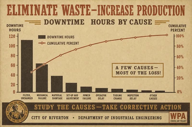 A Pareto chart with descending bars of downtime hours and a cumulative percentage curve.