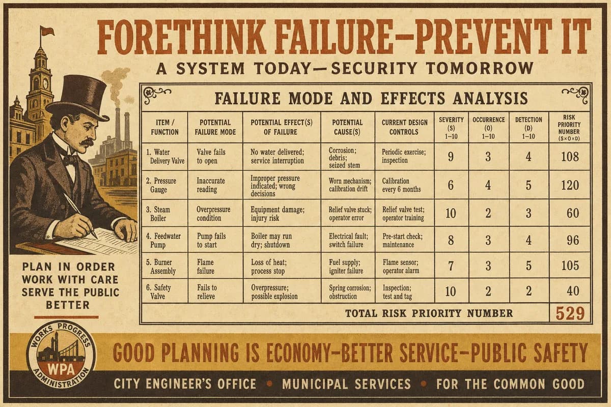 A ruled reliability worksheet with six rows of failure modes and numeric severity and occurrence columns.