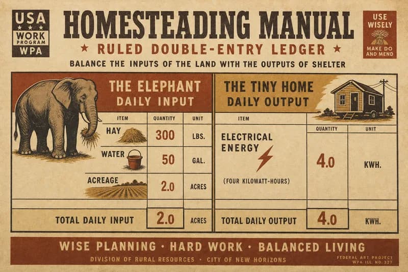 A double-entry ledger chart comparing an elephant's daily requirements against a tiny home's small energy output.