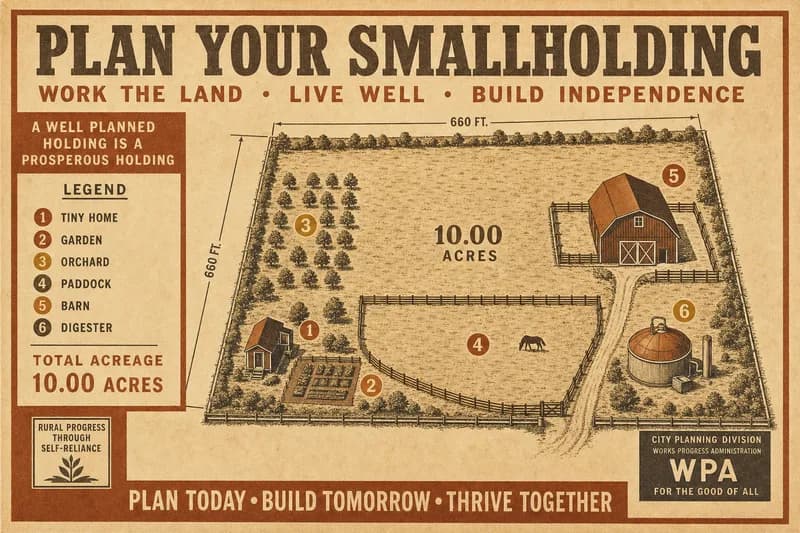 A site plan of a small property showing a tiny house in one corner and a much larger paddock, barn, and digester area.