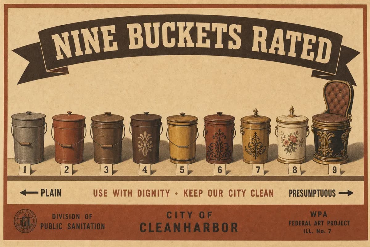Nine lidded utility buckets arranged in a row on a cream background, from plain to ornate, one fitted with a padded seat, a small numbered card at the base of each, beneath the words NINE BUCKETS RATED.