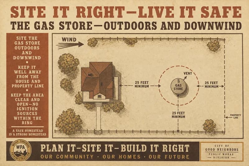 An overhead plan showing the gas store sited outdoors and downwind with setback rings to the house and property line.