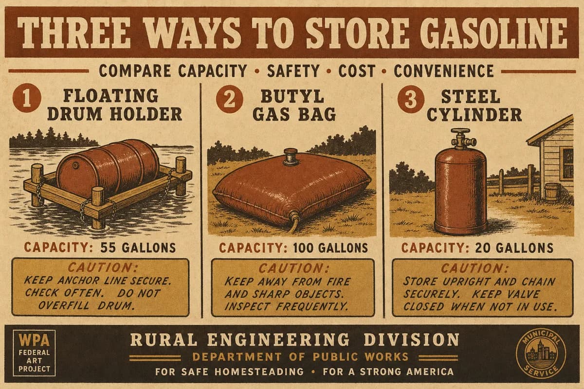 Three biogas storage methods drawn to the same scale — a floating drum holder, a butyl gas bag, and a small steel cylinder — each labeled with capacity.