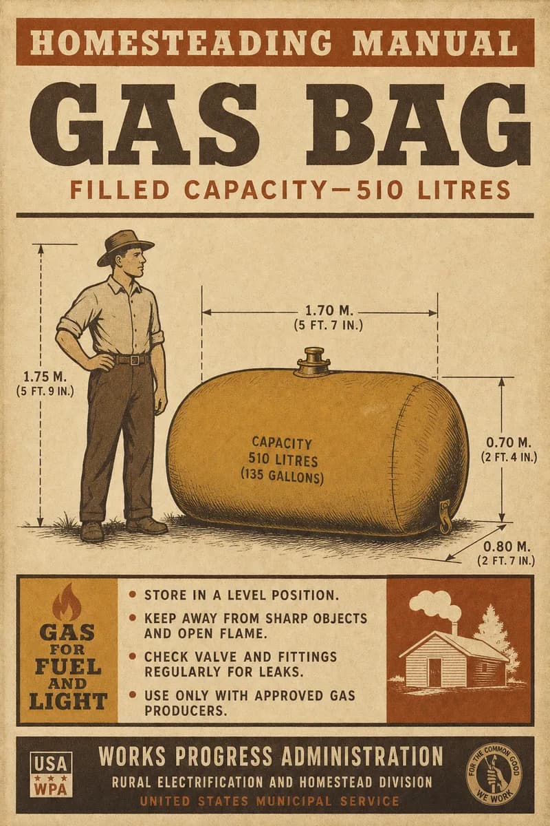 A filled 510-litre gas bag drawn beside a standing person, dimensioned for size.