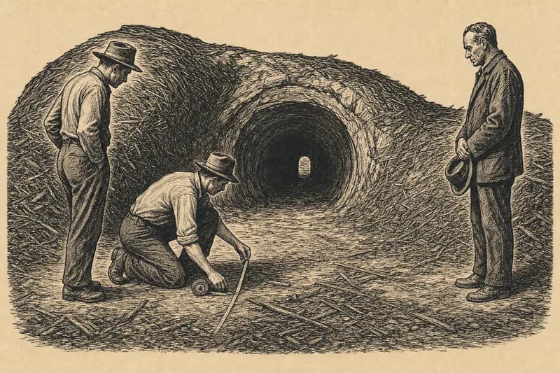 A woodcut of inspectors examining a tunnel opening inside an emptied storage mound, one kneeling with a tape measure.