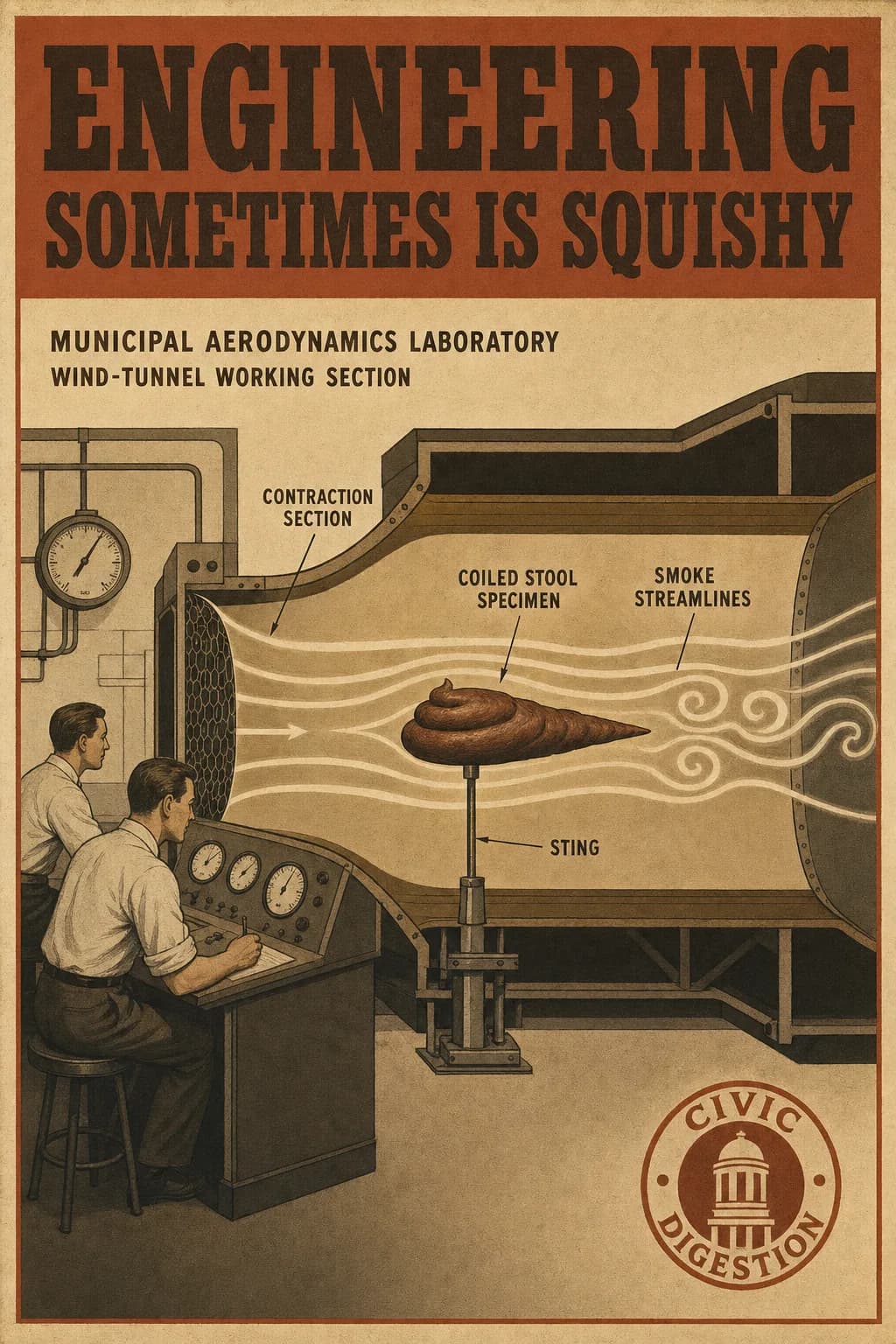 A works-morale poster showing a cutaway municipal wind tunnel with a single brown coiled stool specimen mounted on a sting, smoke streamlines curling around it, two engineers reading dials at a console, captioned ENGINEERING SOMETIMES IS SQUISHY.