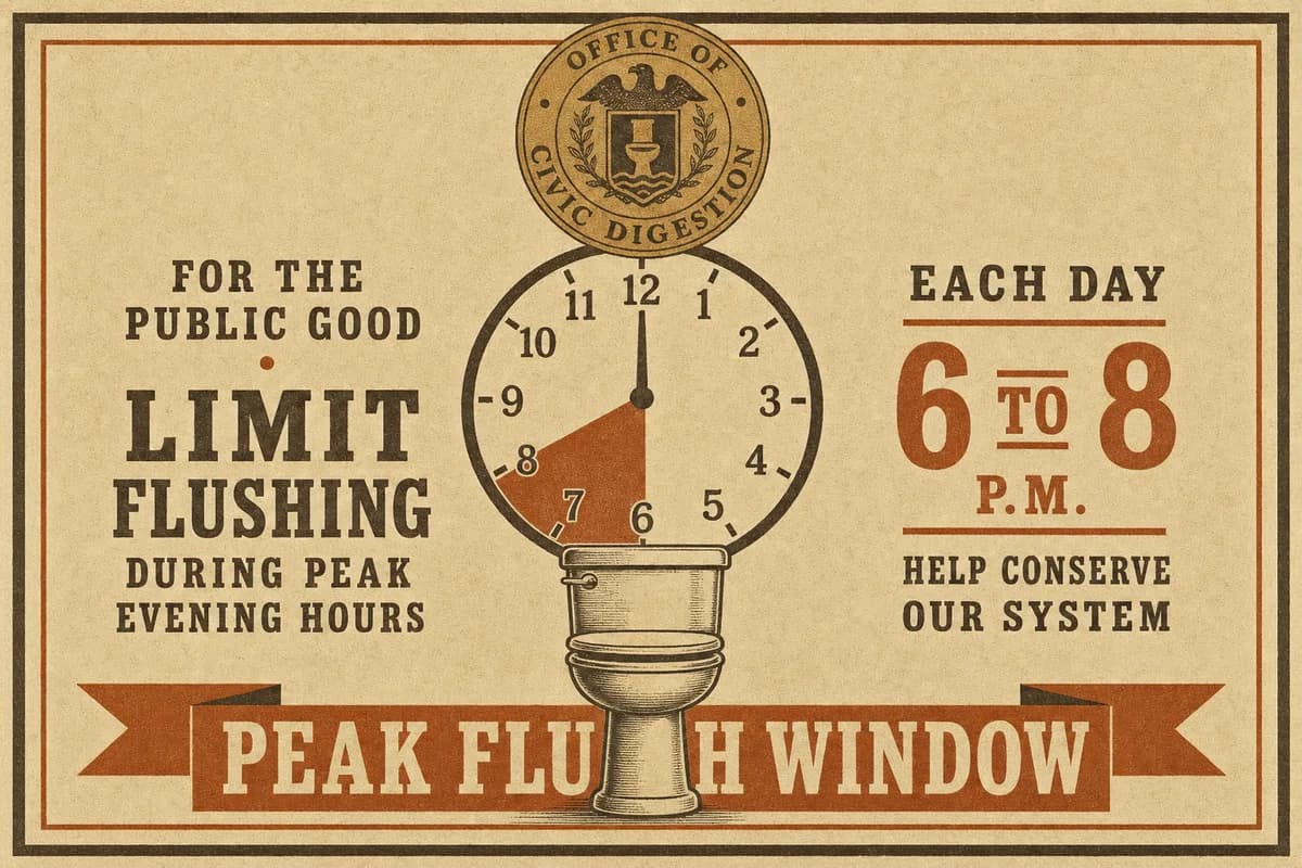 A municipal restriction placard bearing the seal of the Office of Civic Digestion, showing a clock face with the wedge from six to eight shaded solid, a single toilet beneath it, and a banner reading PEAK FLUSH WINDOW.