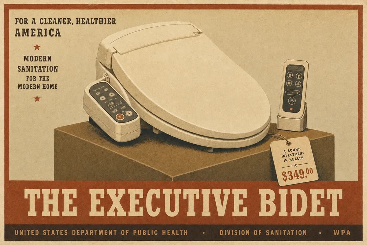 A sleek heated bidet seat on a pale pedestal, its side control panel facing the camera, a small price tag hanging from it, on a cream studio background beneath the words THE EXECUTIVE BIDET.