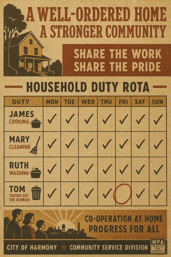 A hand-ruled weekly rota with four family member rows marked with checkmarks, one Thursday cell circled in red.