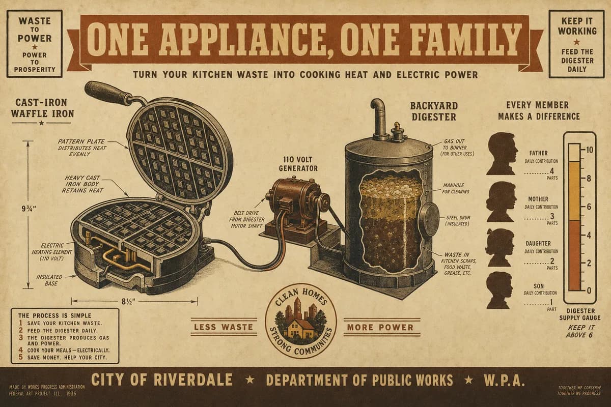A Victorian scientific cutaway diagram of a cast-iron waffle iron wired through a small generator to a backyard digester drum, with four family members drawn as ranked silhouettes beside a supply gauge, dimension lines and hand-labeled callouts, and a banner reading ONE APPLIANCE, ONE FAMILY