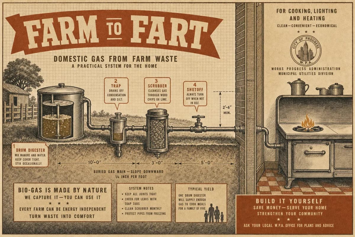 A vintage homesteading-manual cutaway of a gas line running from a backyard drum digester across a yard, through a wall, to a kitchen range with one burner lit, labeled at the trap, scrubber, and shutoff, titled FARM TO FART.