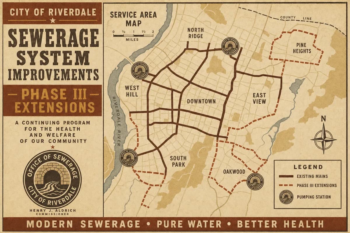 A municipal service map showing existing pipeline mains as solid lines and proposed extensions as dashed lines, with sealed station markers.
