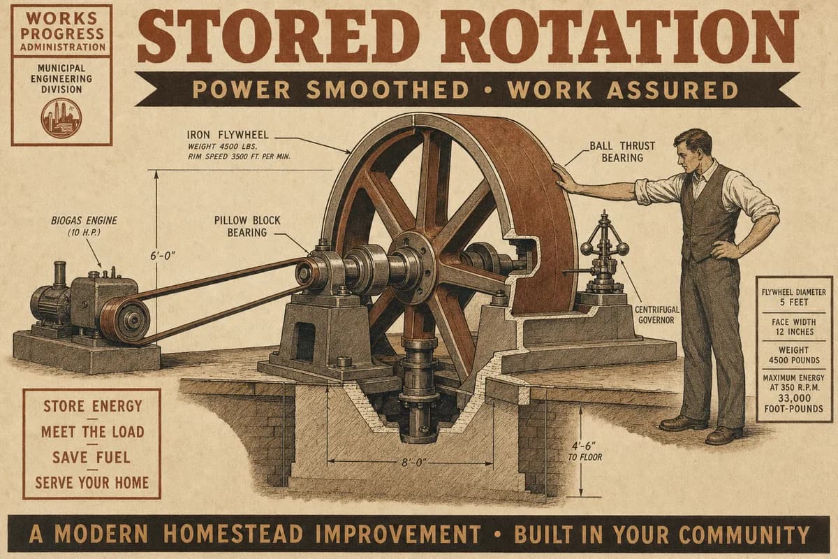 A Victorian scientific cutaway of a massive iron flywheel mounted on a basement pier and belt-driven from a small biogas engine, a householder steadying it with one hand, dimension lines and hand-labeled callouts for the bearings and governor, and a banner reading STORED ROTATION