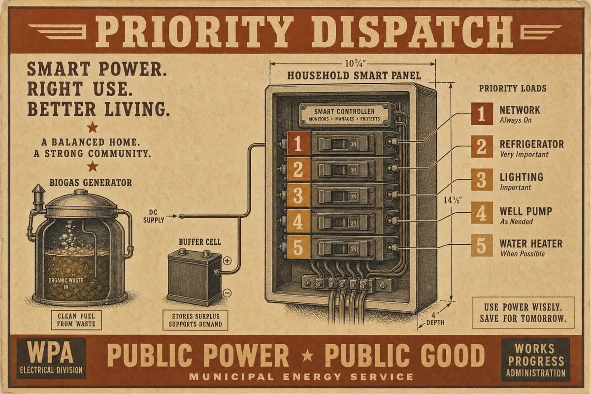 A Victorian engineering-textbook diagram of a smart electrical panel labeled with five ranked circuits — network, refrigerator, lighting, well pump, water heater — fed by a thin supply line from a digester and generator, a small buffer cell to one side, over a banner reading PRIORITY DISPATCH