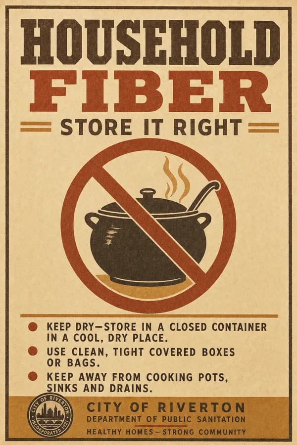 A municipal placard listing storage rules for dietary fiber, with a red prohibition circle over a soup pot.