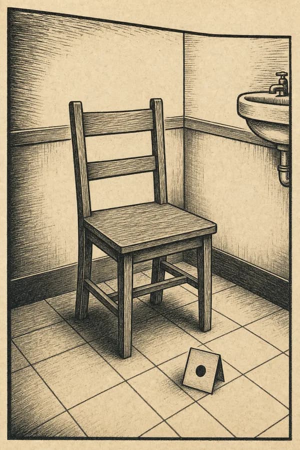A single wooden chair standing alone in the corner of an empty restroom beside a small numbered placard.