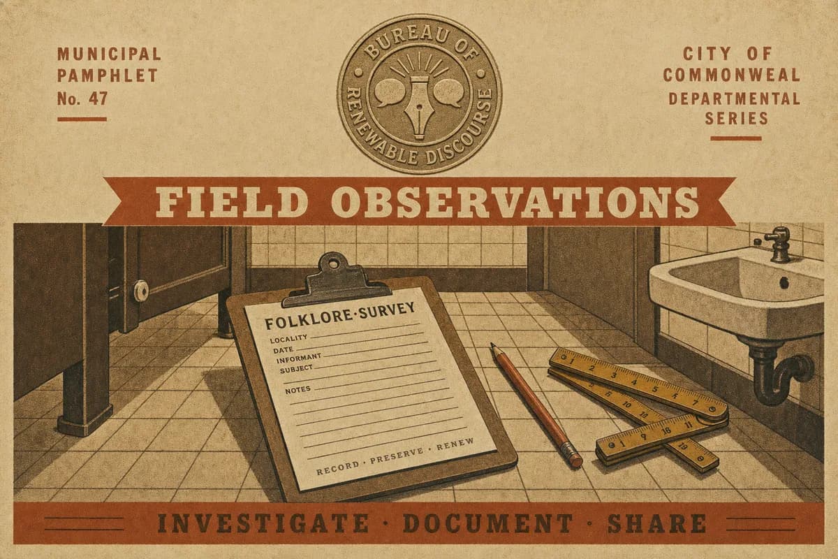 A folklore-survey field plate beneath the embossed seal of the Bureau of Renewable Discourse, a clipboard, pencil, and folding rule laid on the tiled floor of an empty office restroom, a banner reading FIELD OBSERVATIONS.